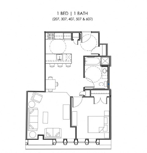 Floor plan for 1 bed, 1 bath, 680 sqft